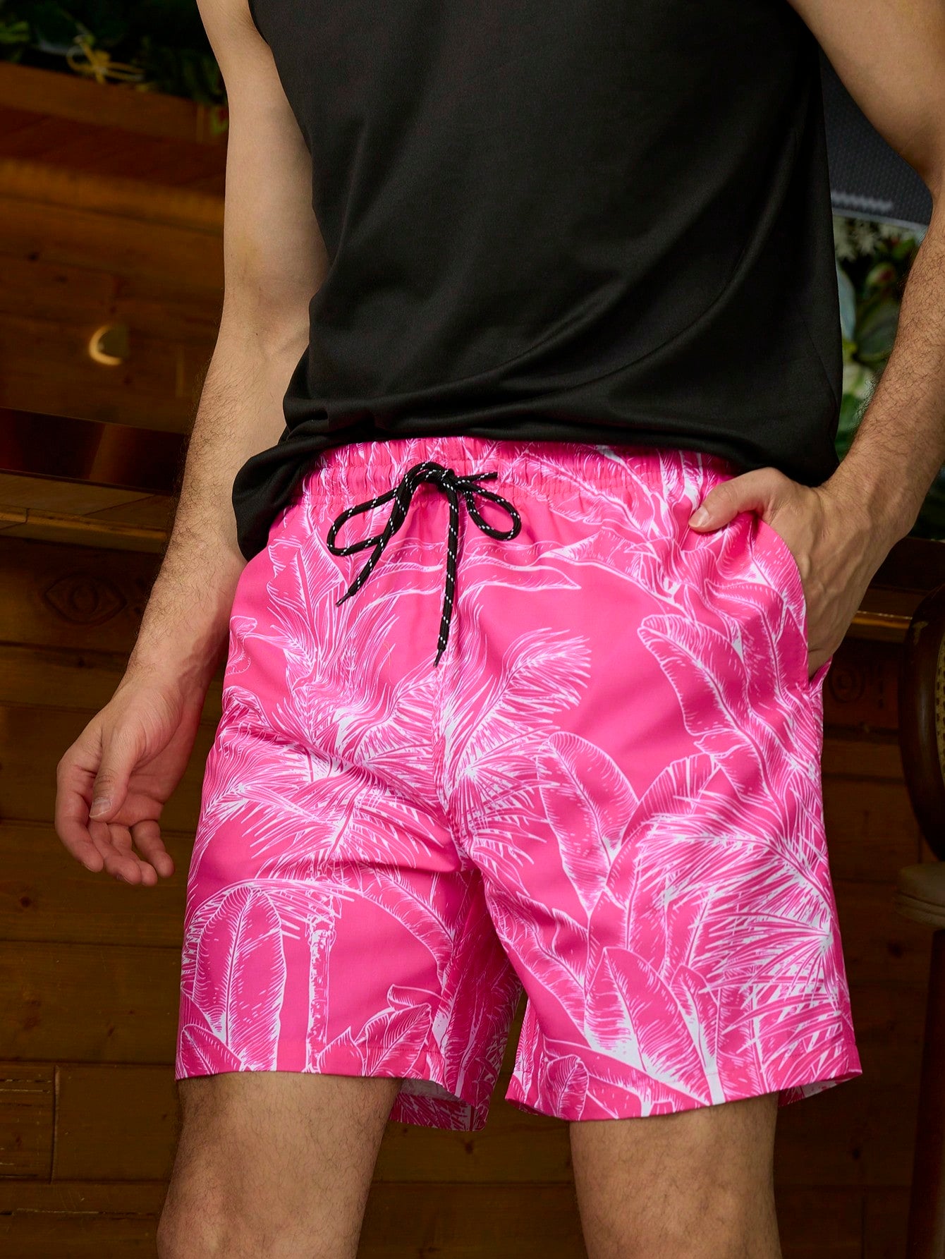 Men's Tropical Plant Print Drawstring Wide-Leg Beach Shorts With Comfortable Fit (Random Cut Of Print)