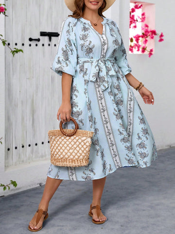 Plus Size Vacation Sky-Blue Retro Printed Women's Summer Dress, Teacher Clothes