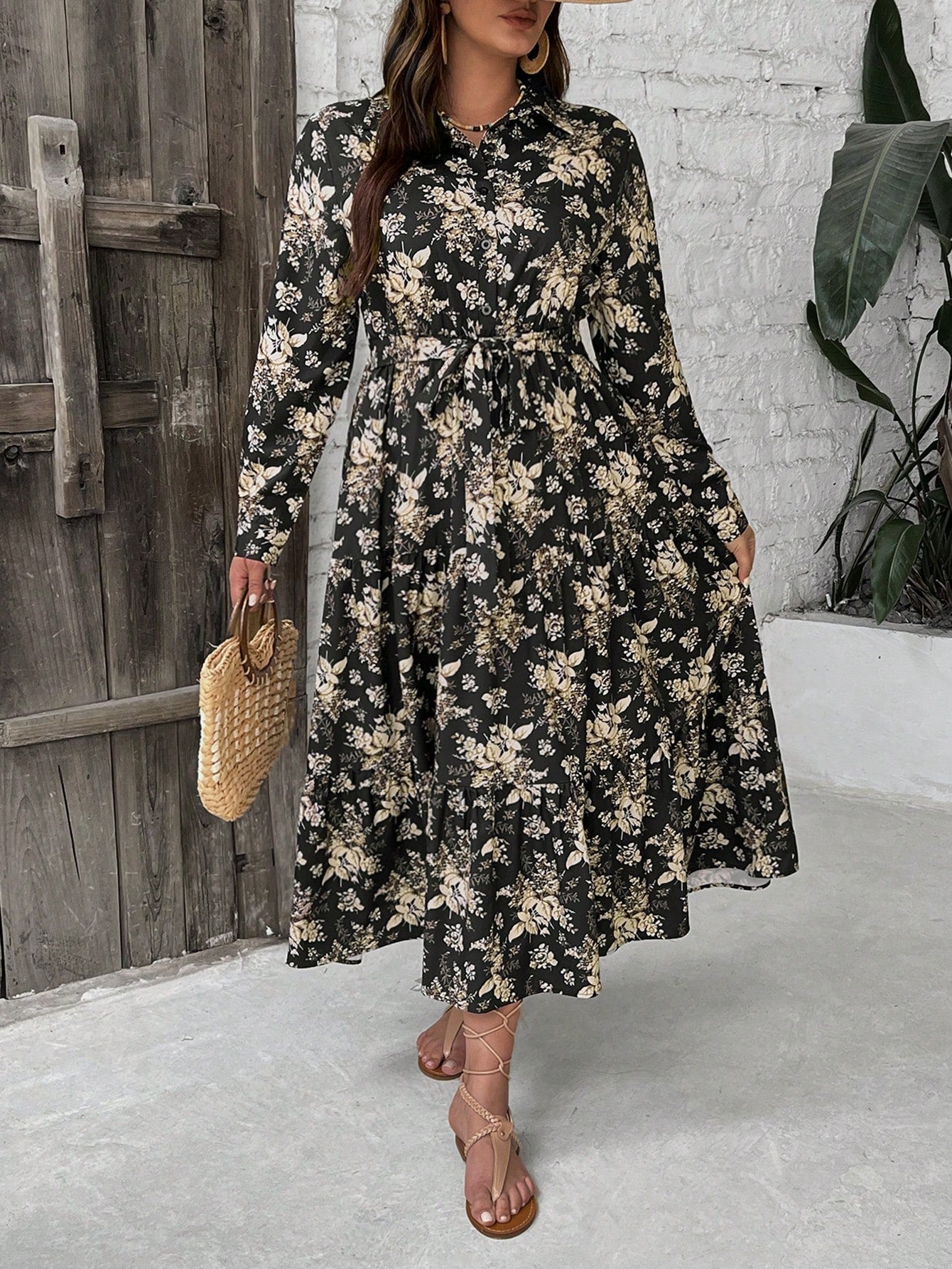 Plus Size Floral Allover Print Long Sleeve Vacation & Casual Dress