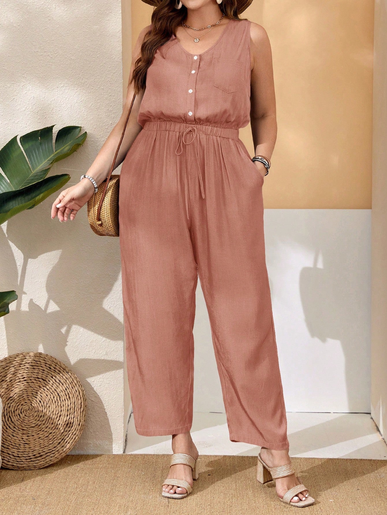 Plus Size Women'S Button Sleeveless  Side Pockets Jumpsuit For Spring