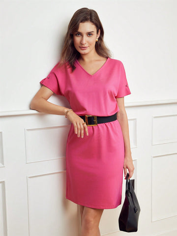 SOLID V-NECK BATWING SLEEVE ELASTIC WAIST DRESS WITHOUT BELT