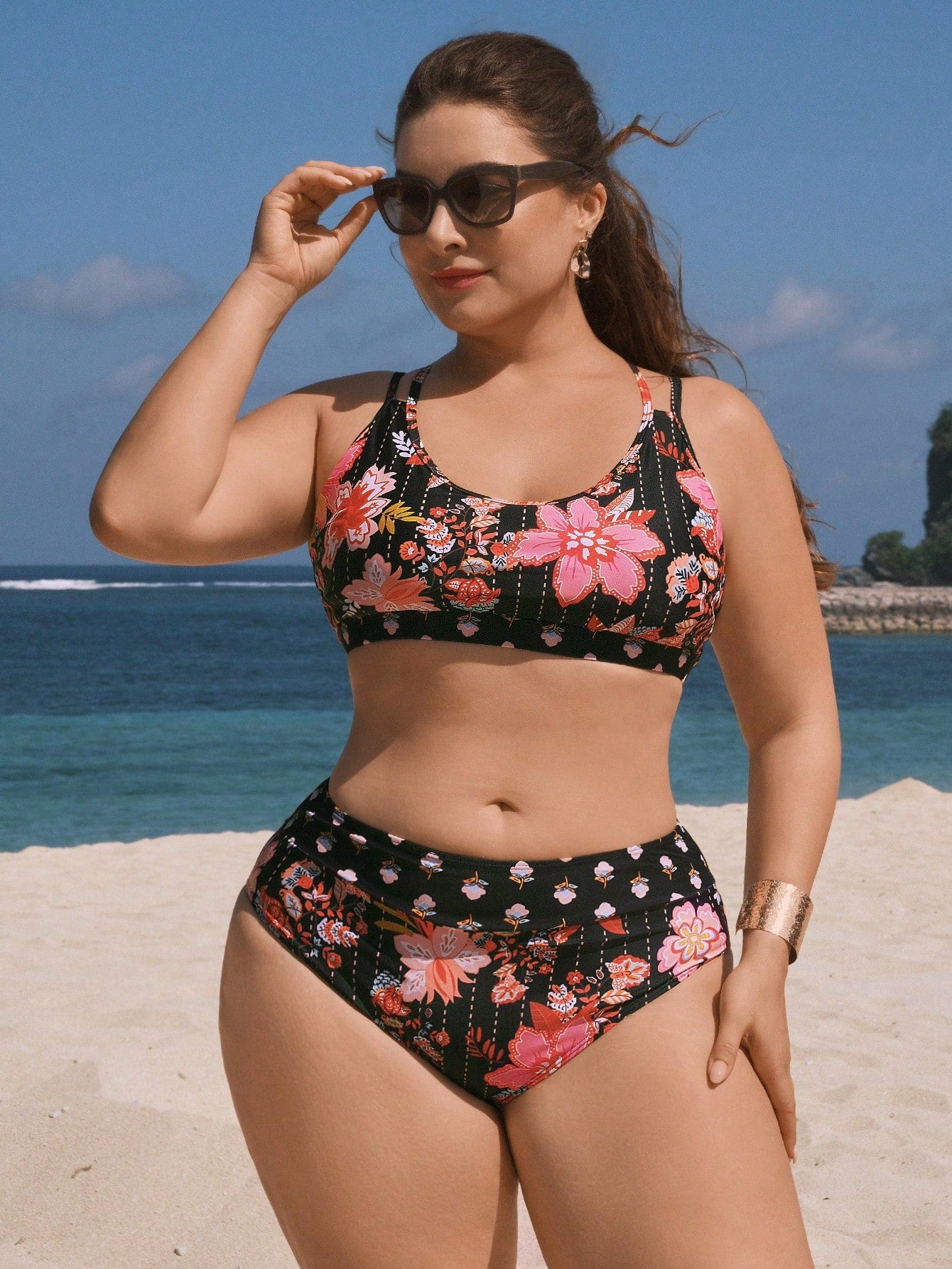 Plus Size Summer Beach Vacation Floral Print Bikini Set