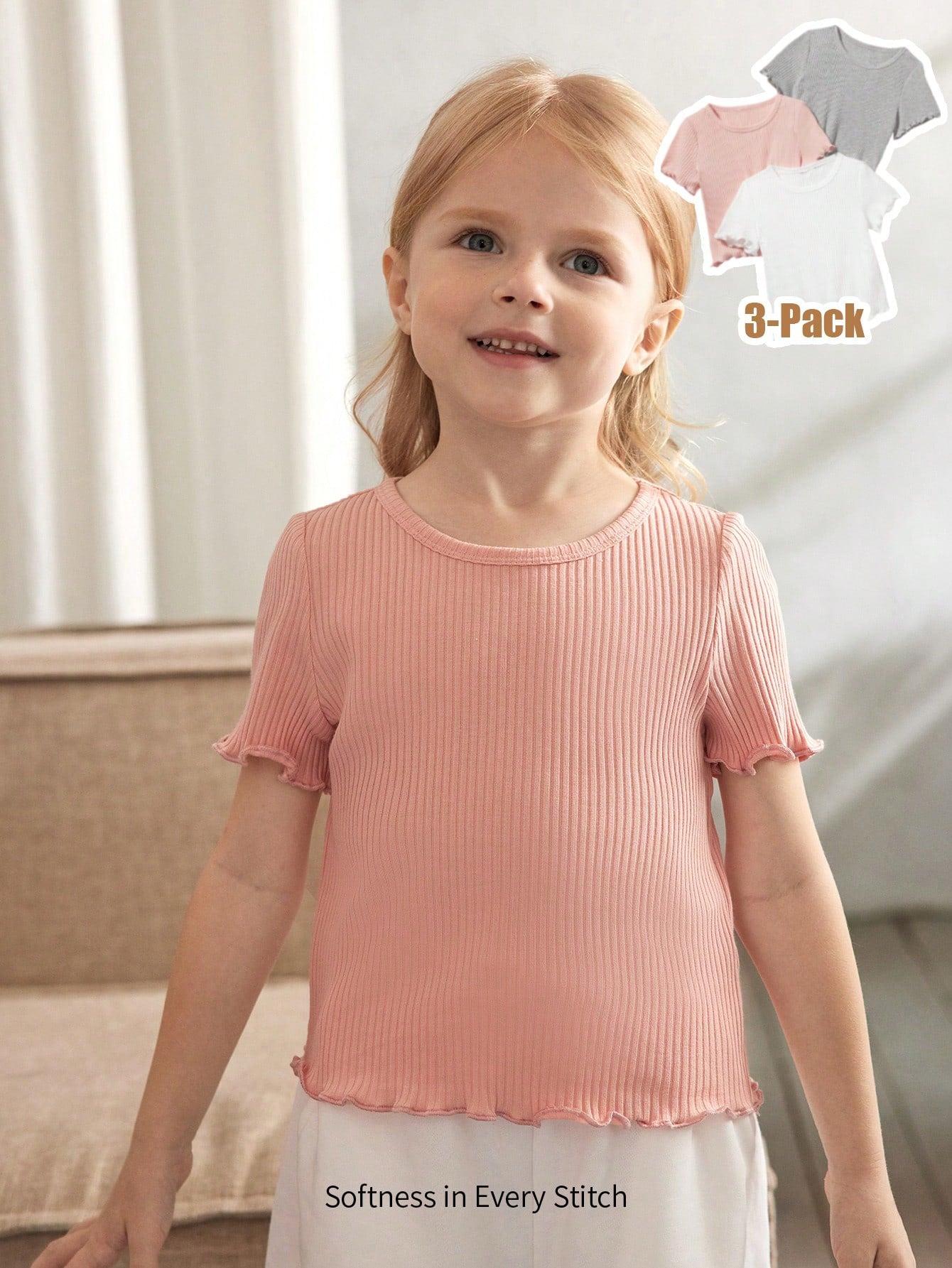 Young Girl Knitted Soft Solid Color Round Neck Short Sleeve Pullover Top With Ruffle Hem Set Of 3