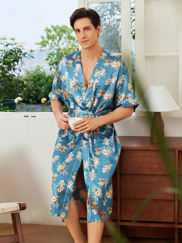 Men's Tropical Plant Printed Short Sleeve Casual Sleepwear/Robe For Vacation