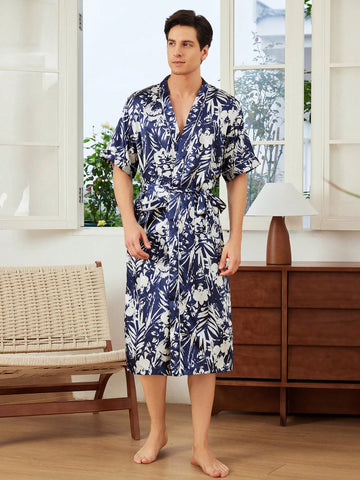 Men's Belted Blue Floral Print Summer Short Sleeve Robe