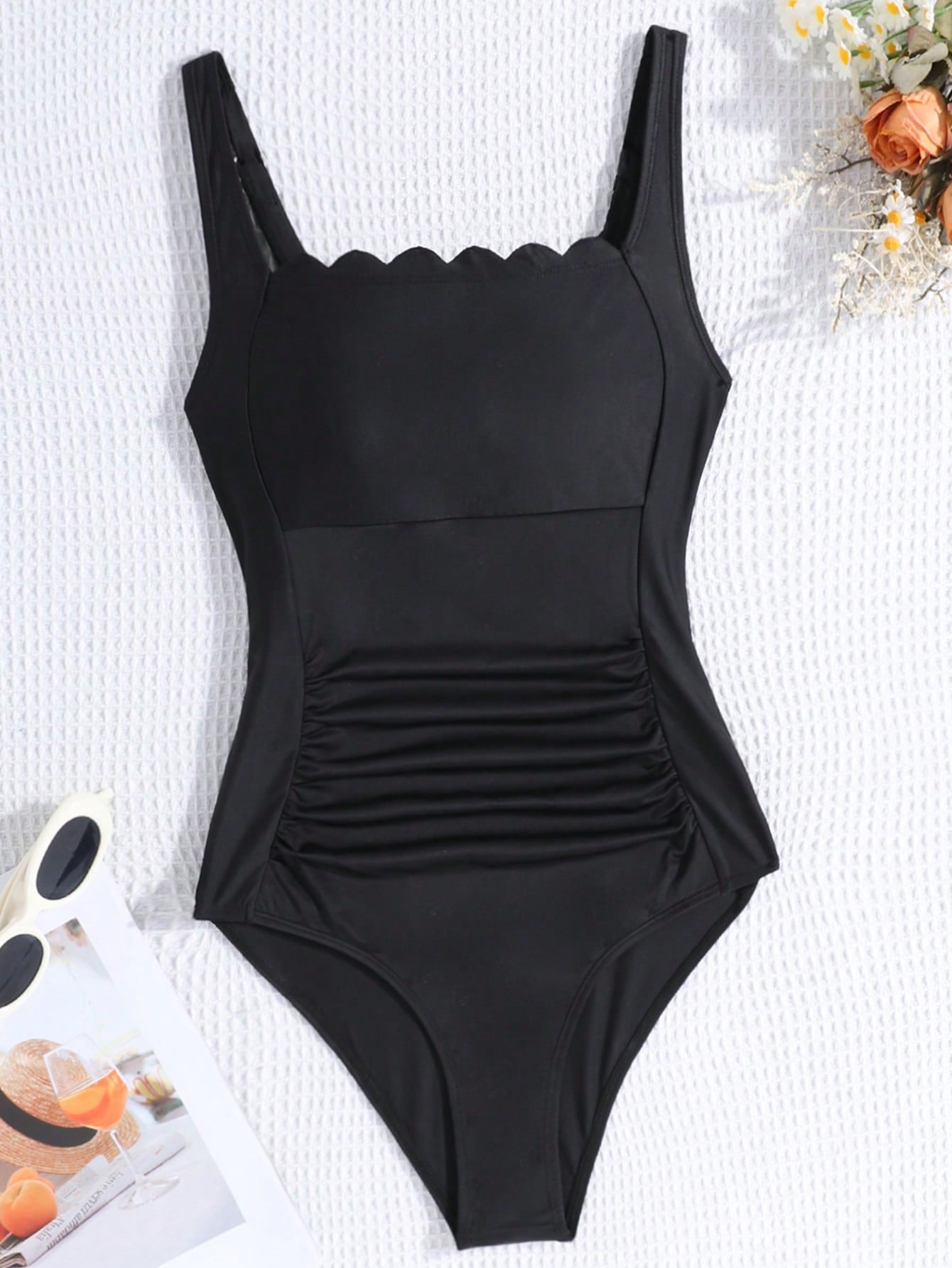 Teen Girl Black One Piece Swimsuit With Burnout Wave Edge And V-Neck Camisole