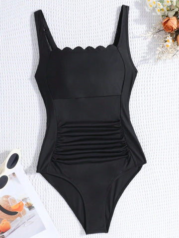 Teen Girl Black One Piece Swimsuit With Burnout Wave Edge And V-Neck Camisole