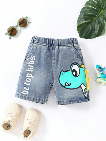 Boys' Baby & Toddler Cartoon Dinosaur Pattern Decorated Cool Letter Printed Denim Shorts