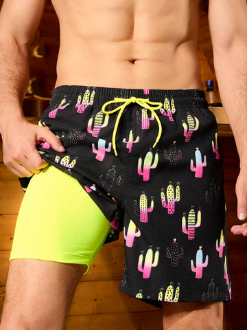 Men's Summer Cactus Printed Drawstring Beach Shorts