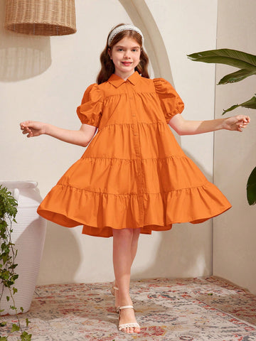 Tween Girl Loose Casual Bubble Sleeved Shirt Collar A-Line Medium Length Dress