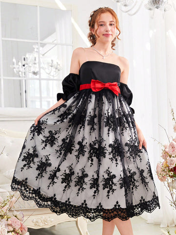 Teen Girl Elegant Black And White Contrast With Red Bow Belt Sheer Embroidery Knit Strap Dress