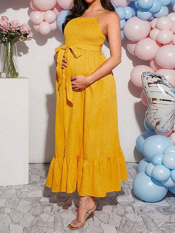 Solid Color Simple Maternity Daily Spaghetti Strap Dress