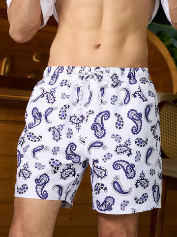 Men Paisley Print Drawstring Waist Swim Trunks