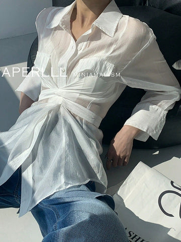 Women's Fashionable Commuting Waist-Tie See-Through Long-Sleeved Shirt (White), Suitable For Back-To-School Season And Office Wear. Fashionable Commuting, Old Money Style.