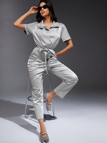 Solid Belted PU Leather Shirt Jumpsuit With Short Sleeve, For Summer Commute