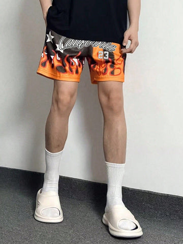 Men's Star & Flame Printed Woven Drawstring Shorts, Suitable For Daily Wear In Spring And Summer