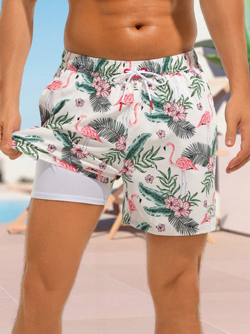 Men's Tropical Plant & Flamingo Printed Drawstring Waist Loose Beach Shorts For Vacation