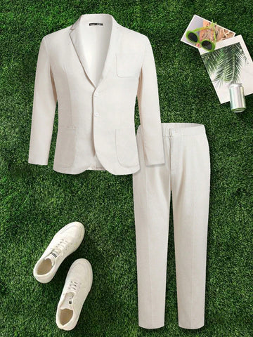 Men's Spring & Autumn Solid Color Patch Collar Long Sleeve Suit Jacket And Pants Set For Daily, Business And Travel