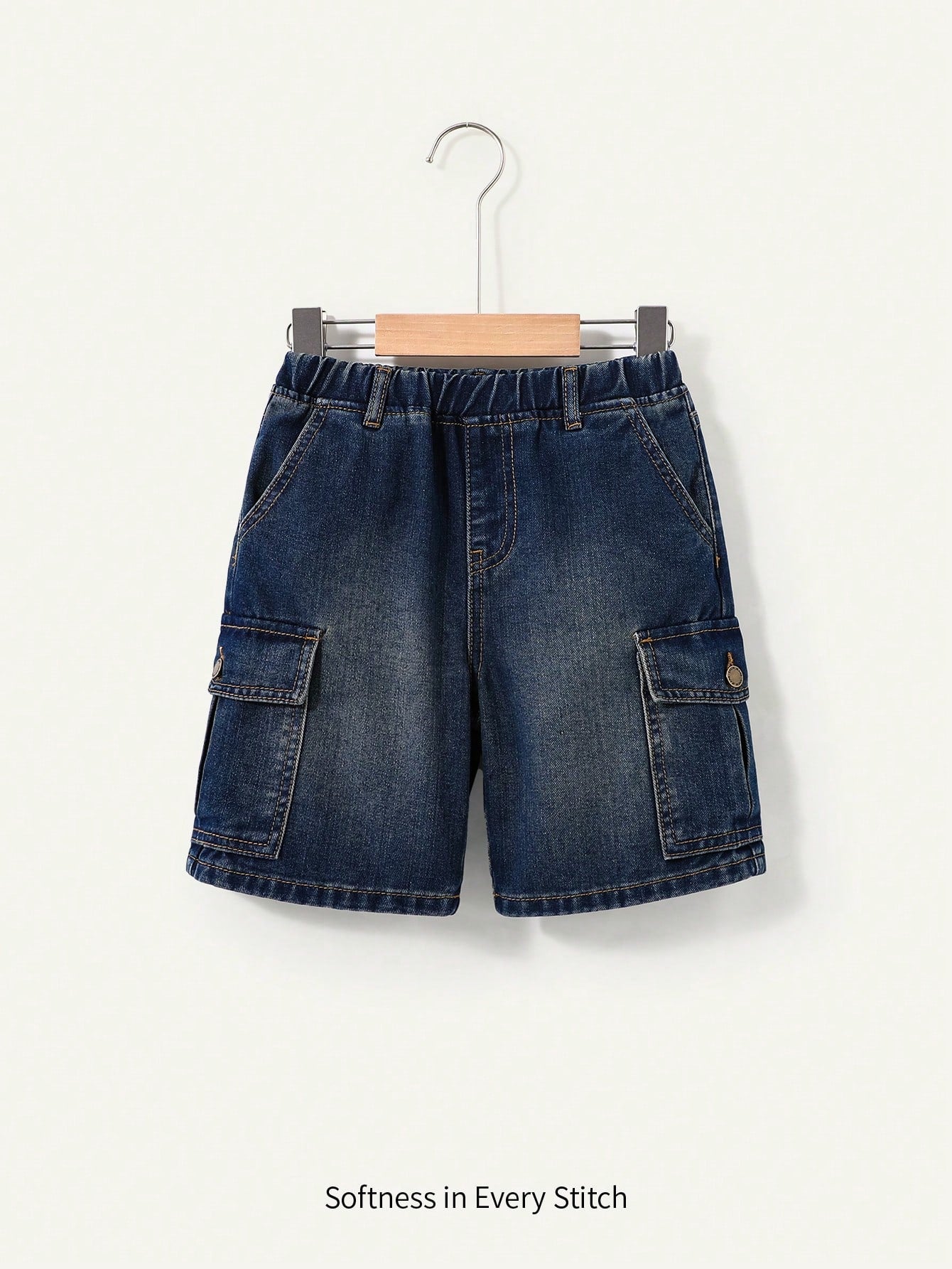 Young Boy Summer Elastic Waist Retro Washed Flap Pocket Baggy Wide Leg Cargo Denim Jeans Shorts,Toddler Boys Summer Short Outfits