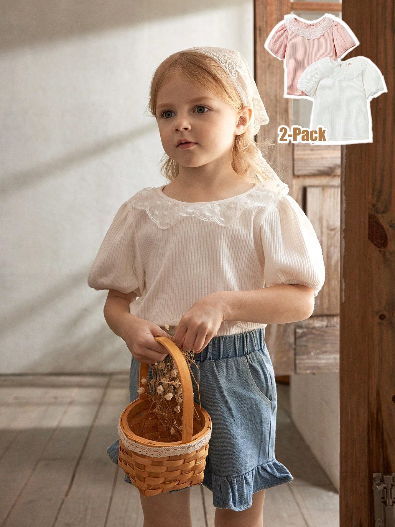 Young Girl's Summer Soft Knitted Mesh Lace Patchwork Round Neck Puff Sleeve Pullover Top, Suitable For Casual, Home, And Vacation