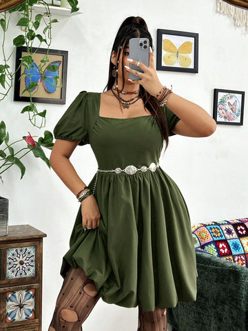 Women's Plus Size Fashion Solid Color Short Sleeve Dress