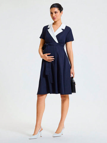 Maternity Elegant Color-Block Turn-Down Collar Short Sleeve Dress For Office Commute