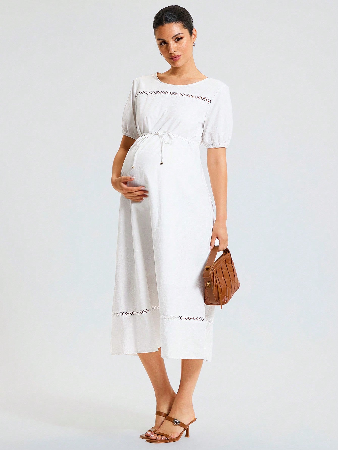 Maternity Elegant Short Sleeve Belted Bowknot Round Neck Loose Fit Mid-Length Casual Dress For Work And Leisure