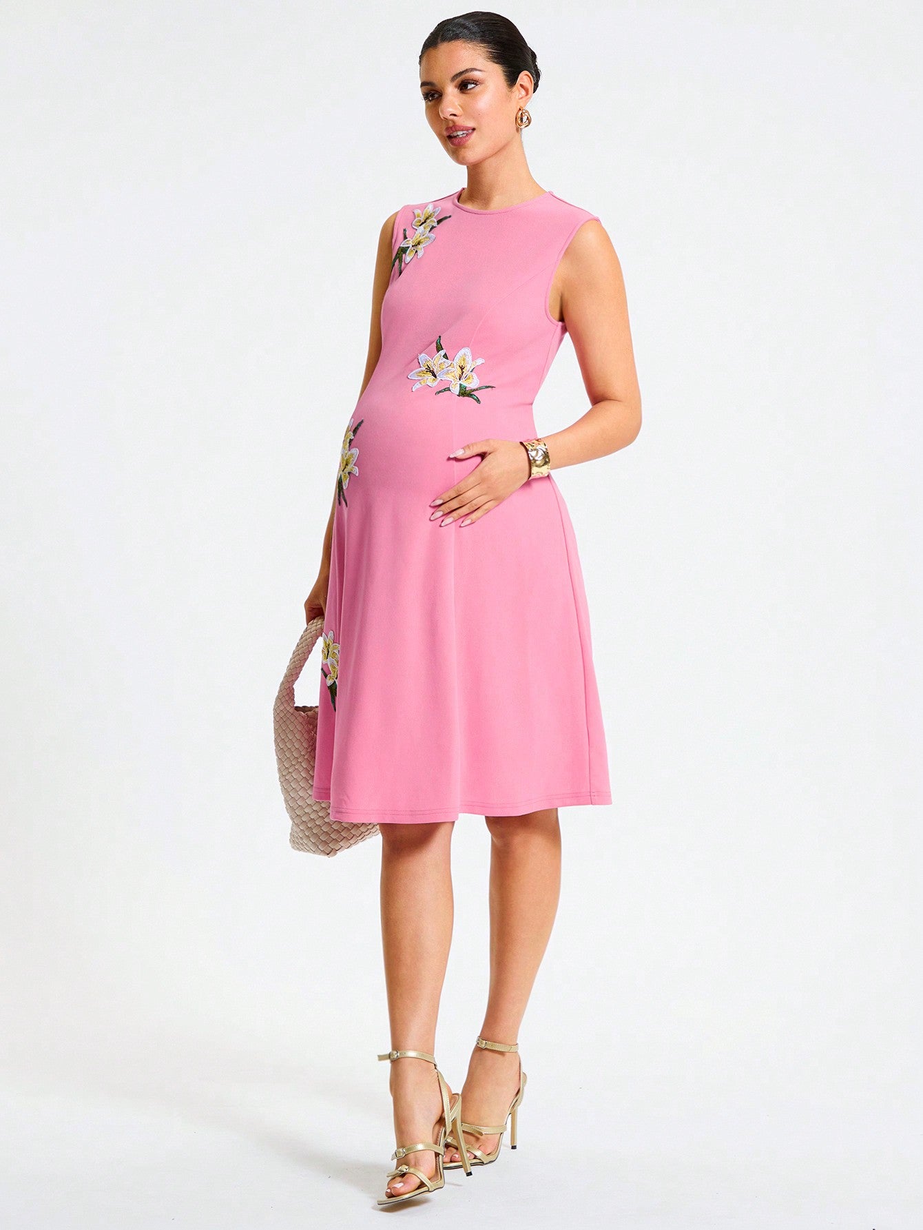 Maternity Elegant Round Neck Rose Pattern Bodycon Dress For Office Commute