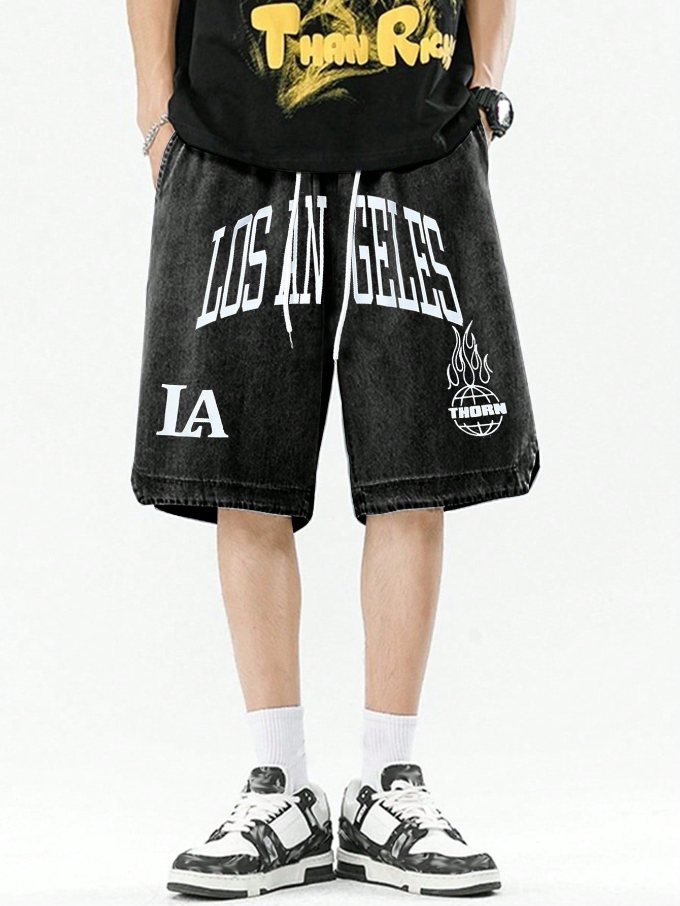 Men's Letter Printed Denim Shorts, Suitable For Daily Wear In Spring And Summer