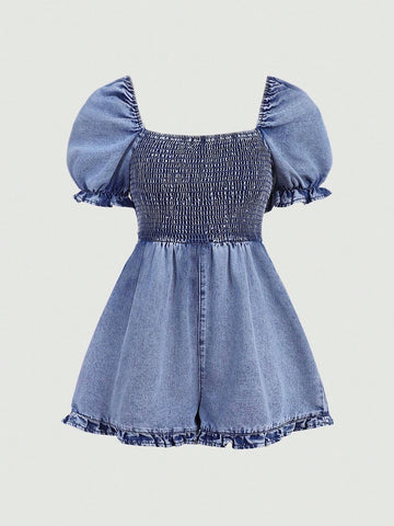 Teen Girl's Flounce Short Sleeve Square Neck Denim Romper For Vacation