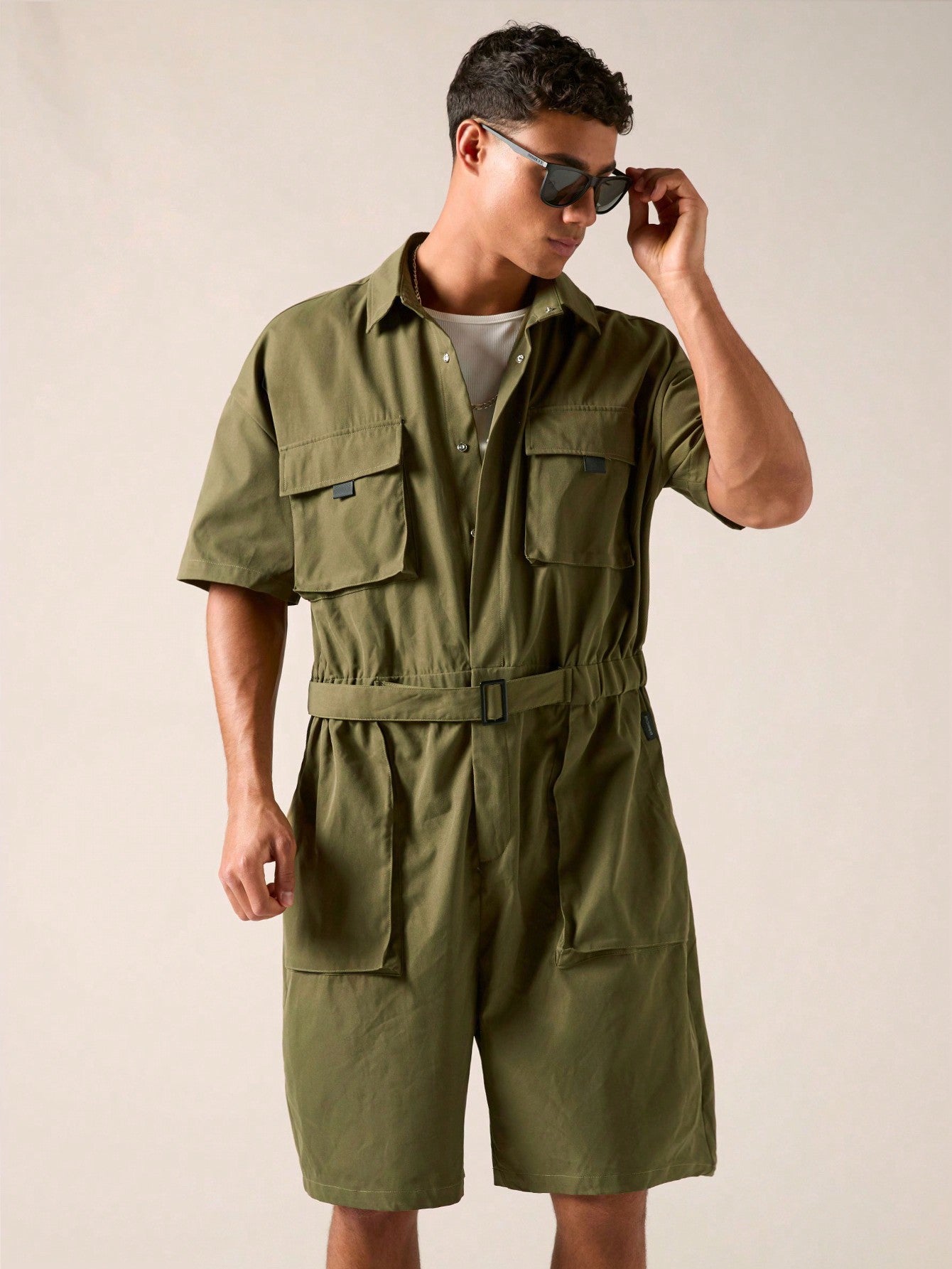 Men's Woven Fashionable Casual Loose Short Sleeve Jumpsuit, Solid Color, Spring/Summer