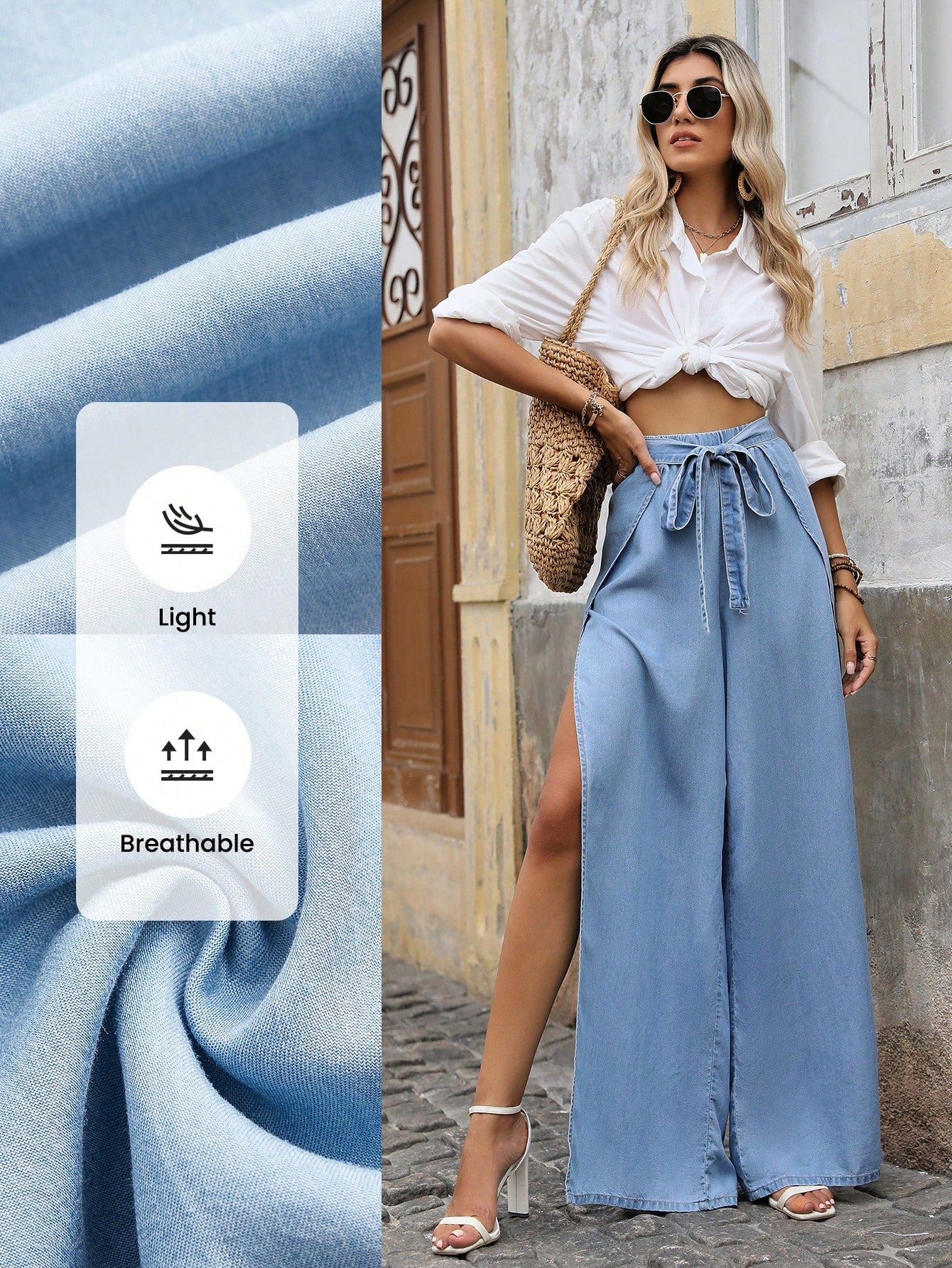 Women's High Slit Wide Leg Denim-Look Pants For Vacation And Leisure