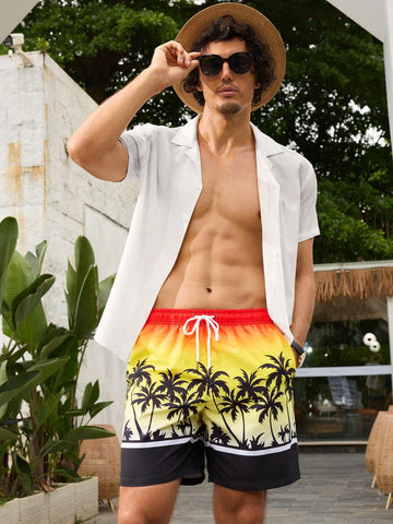 Men's Palm Tree Printed Drawstring Waist Casual Beach Shorts