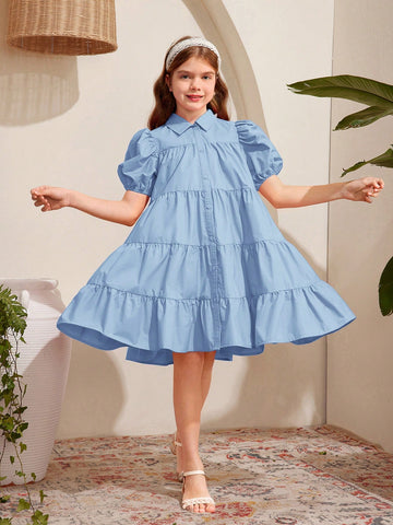 Tween Girl 1pc Puff Sleeve Tiered Ruffle Hem Smock Dress