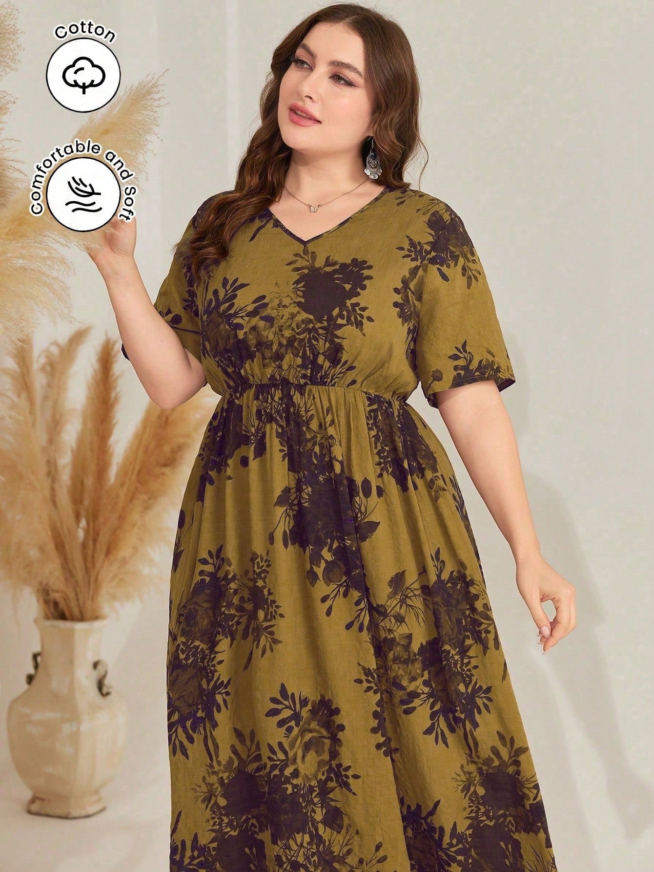 Plus Size Floral Print Waist-Tie Dress