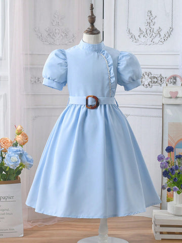 Tween Girl Solid Color Simple Puff Sleeve Dress, Daily Wear