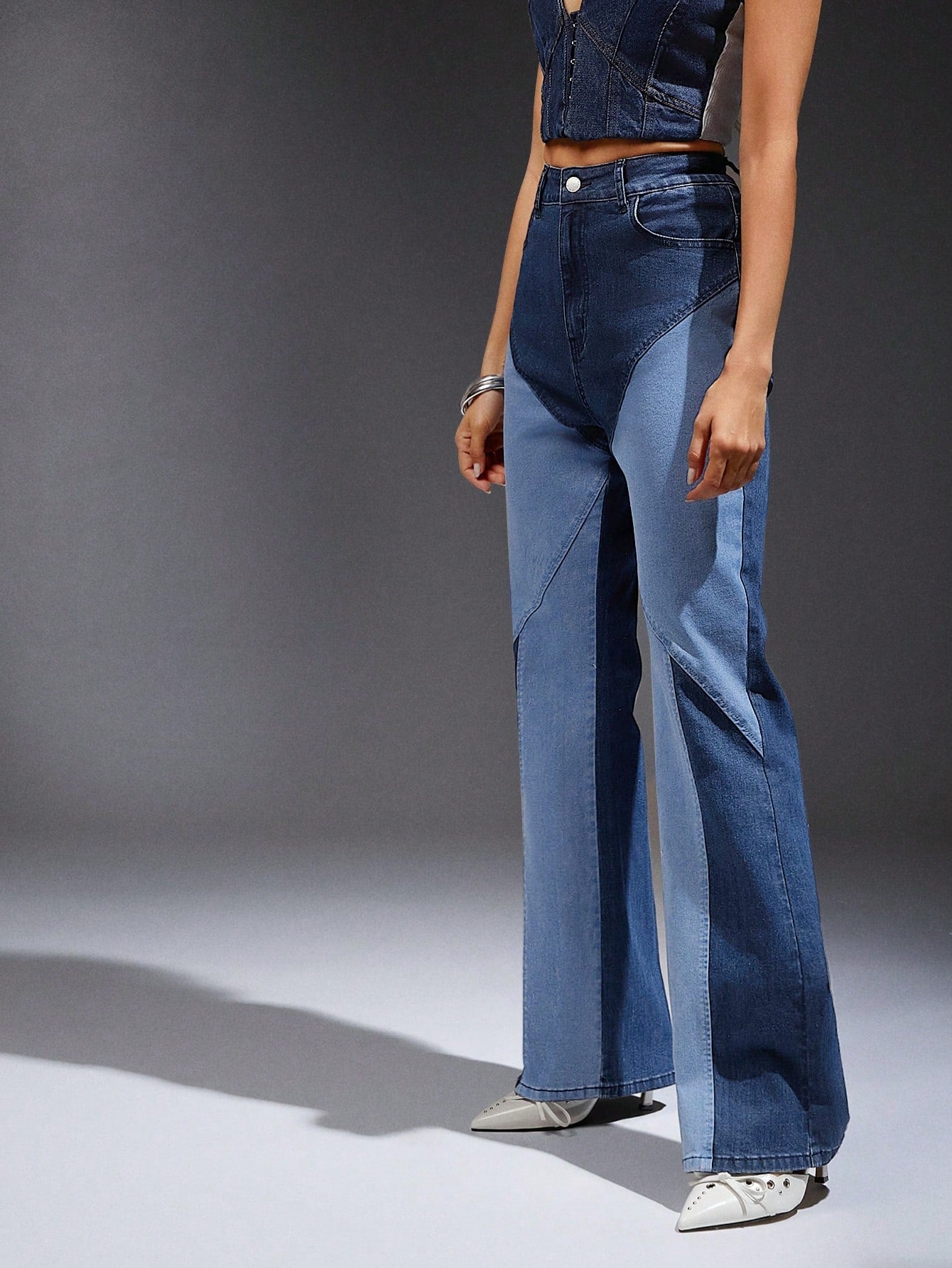 Colorblock High Waist Flare Leg Jeans