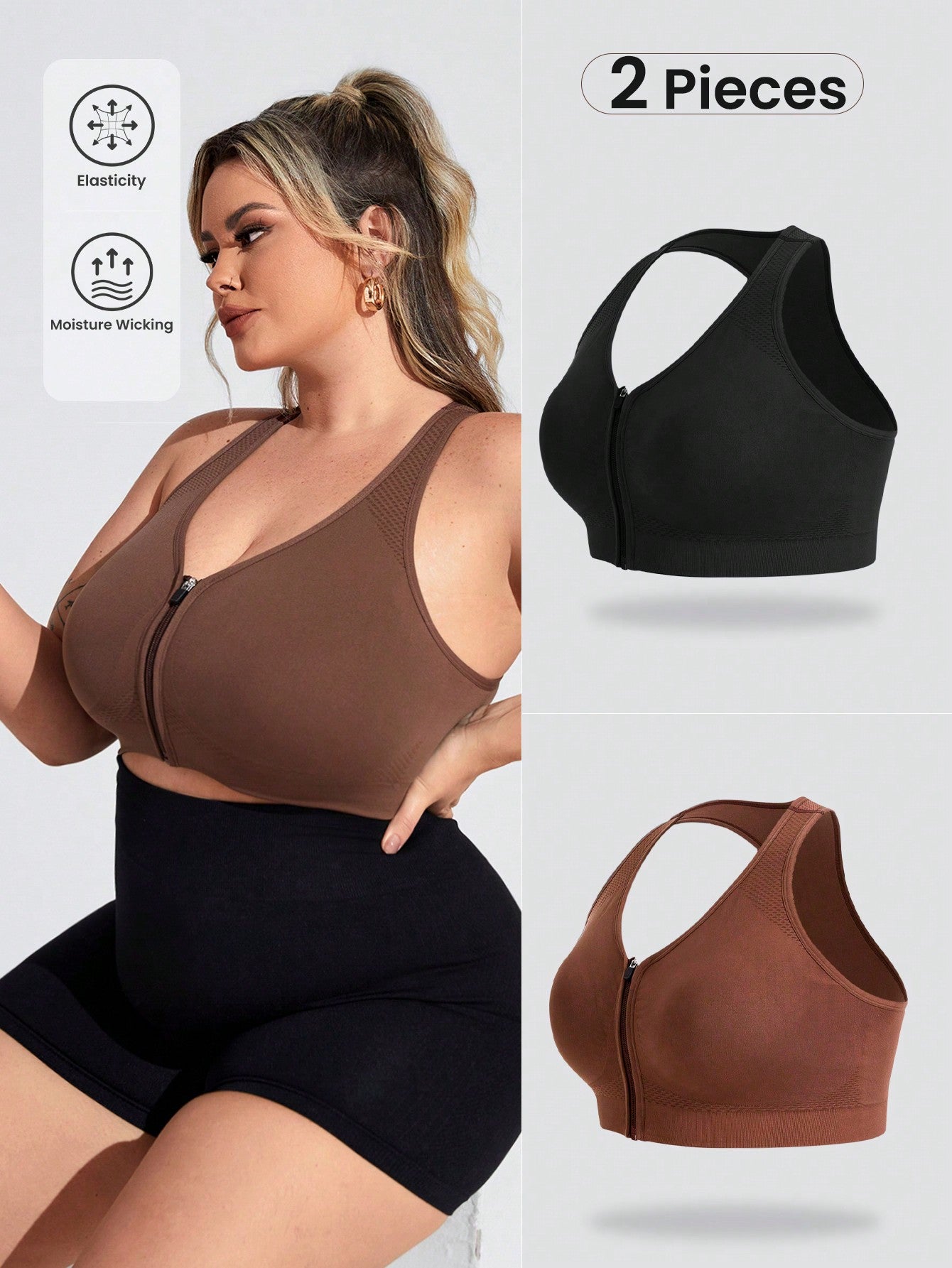 Plus Size Zippered Back Sports Bra With Support