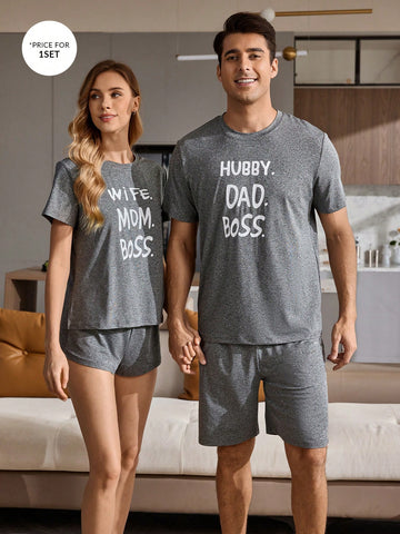 Women's Letter Print Round Neck Short Sleeve T-Shirt And Shorts Homewear Set