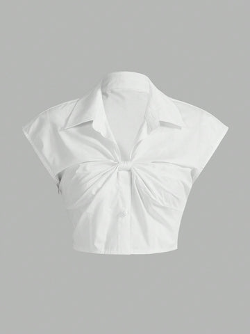 Women's White Crop Sleeve Casual Shirt With Bow Tie Cover