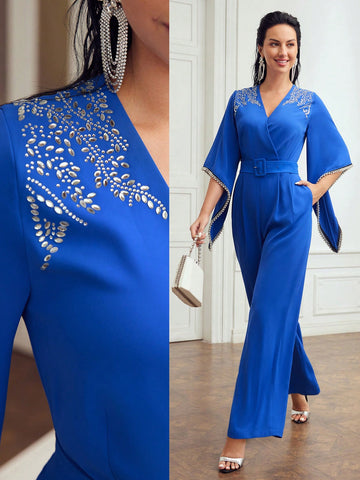 SURPLICE NECK RHINESTONE DETAIL BELL SLEEVE BUCKLE BELTED WIDE LEG JUMPSUIT