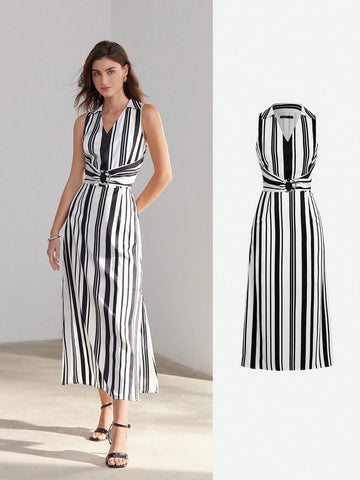 TWO TONE STRIPED V-COLLAR RING RUCHED WAIST DRESS