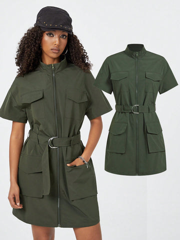 Summer Women's Workwear Overall Dress With Big Pockets, Dress