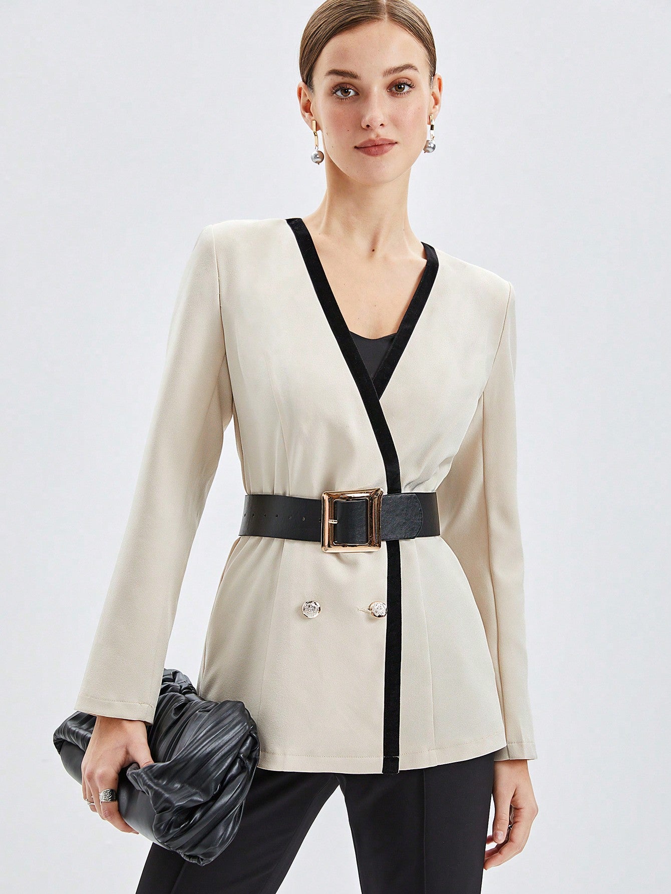 Women's Regular Fit Collarless Coat With Double-breasted Buttons And Contrast Trim