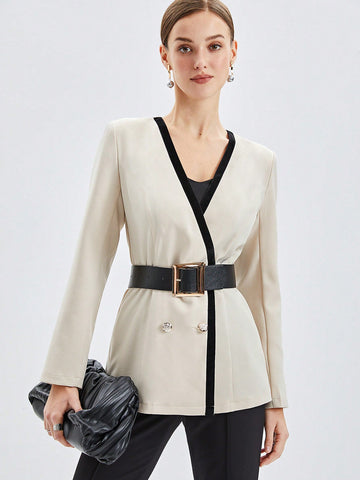 Women's Regular Fit Collarless Coat With Double-breasted Buttons And Contrast Trim