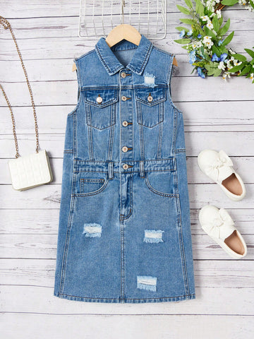 Tween Girl Denim Dress, Latest Casual Fashion Design Washed Denim Dress