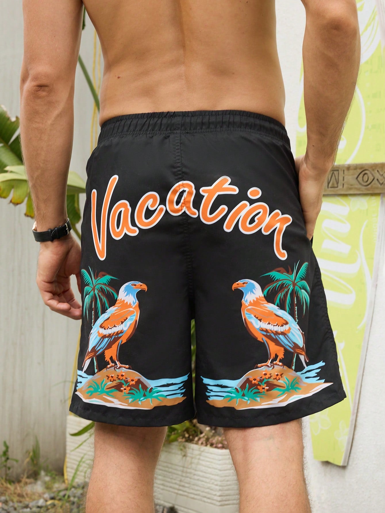 Men's Palm Tree Printed Drawstring Waist Loose Beach Shorts, Vacation