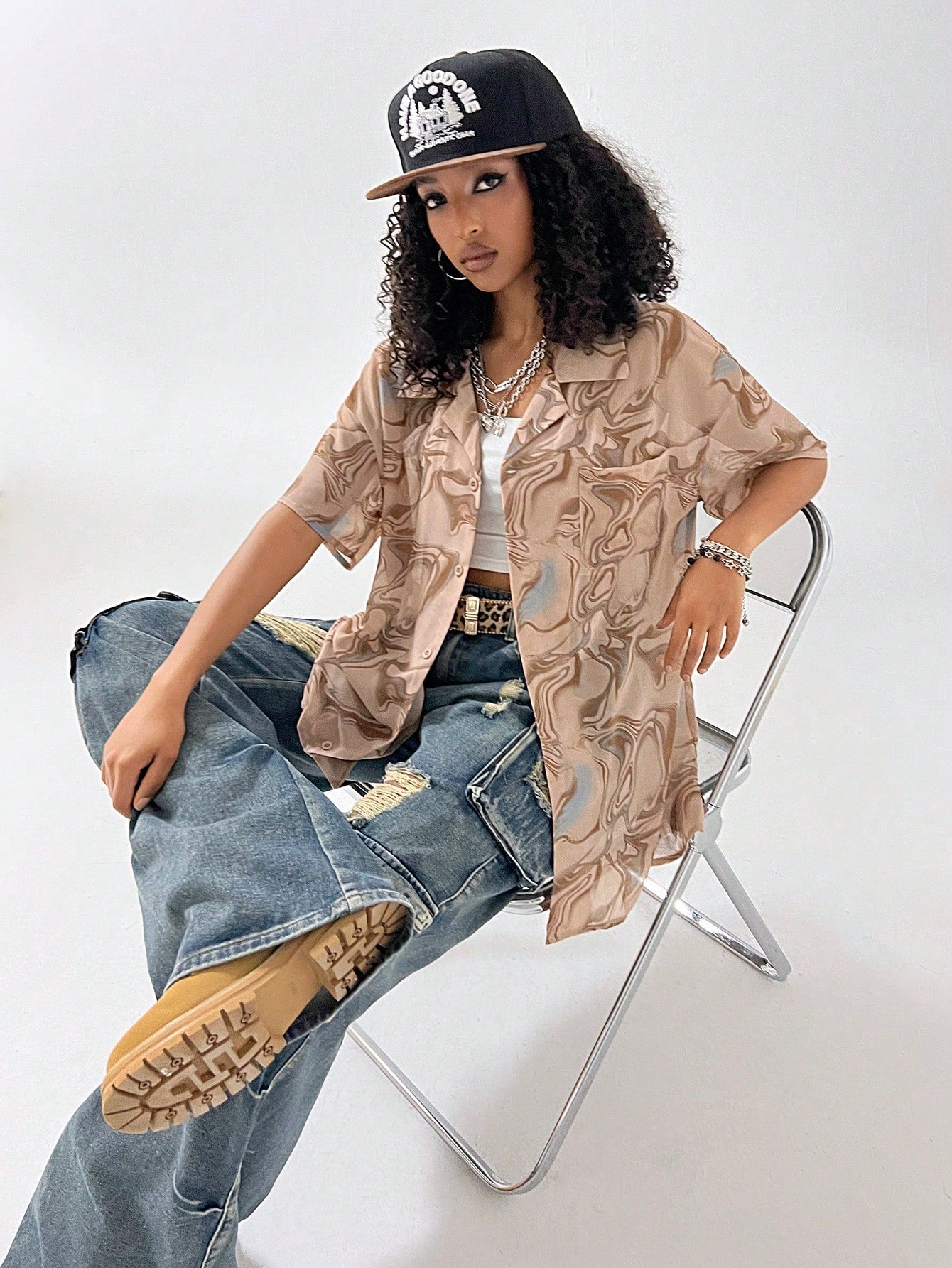 Summer Brown Marble Pattern Women's Short Sleeve Cool Shirt With Distressed Sheer Panels