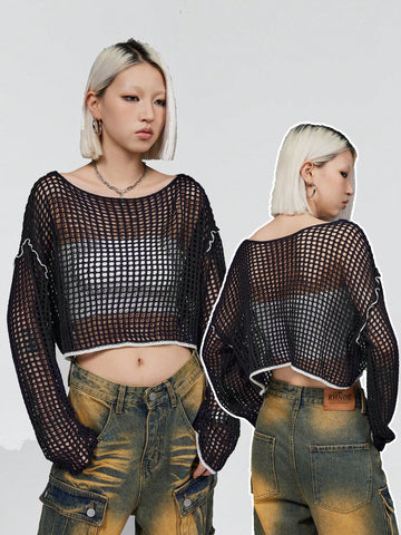 Women Hollow Out See-Through Batwing Sleeve Cropped Knitted Top