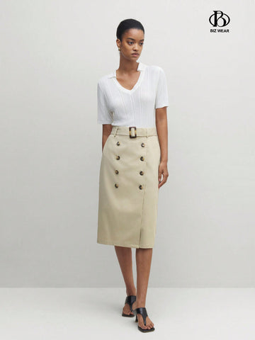 Women's Elegant Solid Color Double-Breasted Skirt, Spring/Summer